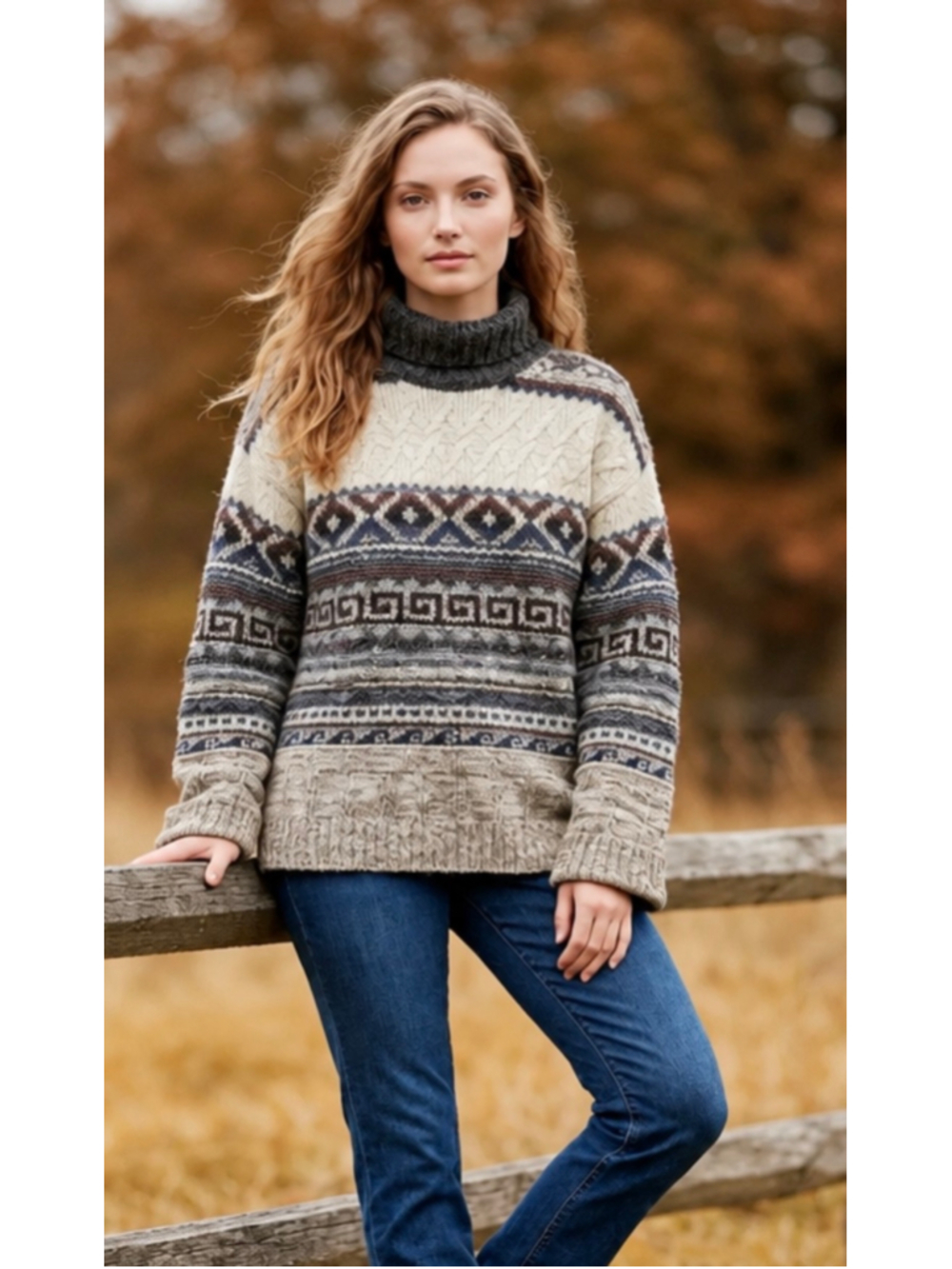 Vtg 90s Made in Italy Geometric Alpaca Wool Blend Grandpa Sweater Turtleneck